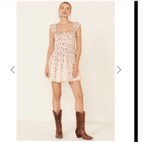 ⬇️NWT Free People Ponderosa Floral Print Cap Sleeve Square Neck Mini Dress - Picture 7 of 13
